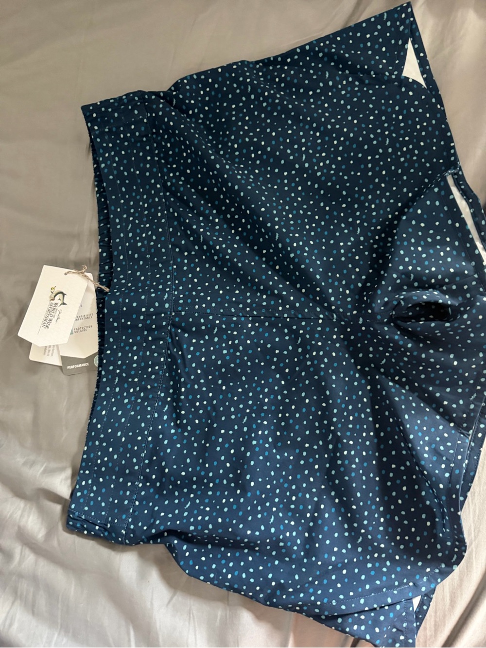 Bass Pro Shops Navy Swim Shorts with Teal Polka Dot Print